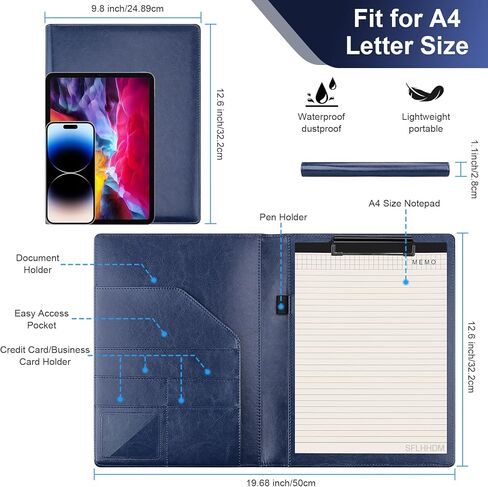 Clipboard Padfolio with Storage Pocket, Clipboard Folder Portfolio Organizer, 360 Degree Foldable Clipboards with Refillable Notepad,Faux Leather Padfolio Organizer for Office School Supplies-Black in Kuwait