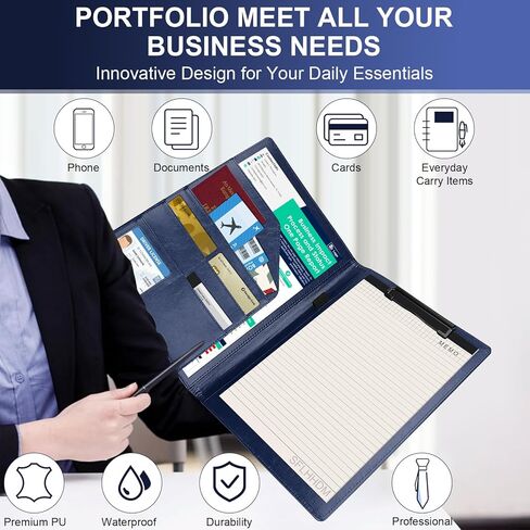 Clipboard Padfolio with Storage Pocket, Clipboard Folder Portfolio Organizer, 360 Degree Foldable Clipboards with Refillable Notepad,Faux Leather Padfolio Organizer for Office School Supplies-Black in Kuwait