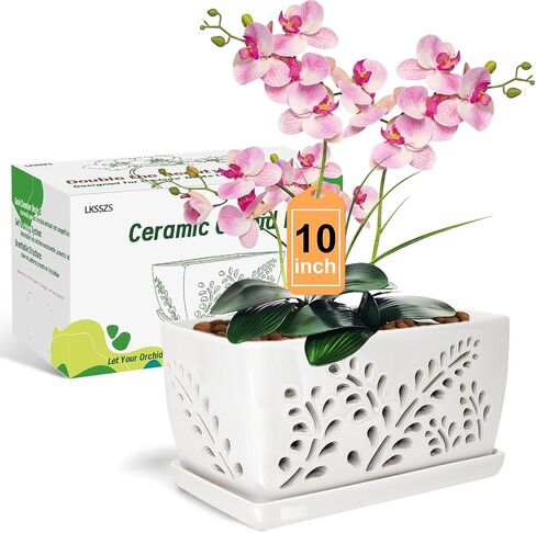 Ceramic Orchid Pot, 10 Inch Rectangular Orchid Pots with Holes, Premium Thickened Handmade Glazed Pot for Orchidaceae Plants, Indoor Outdoor Decorative Flower Pots for Easy Repotting in Saudi Arabia