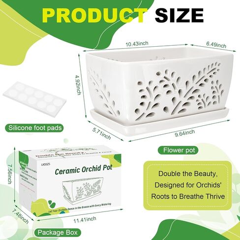 Ceramic Orchid Pot, 10 Inch Rectangular Orchid Pots with Holes, Premium Thickened Handmade Glazed Pot for Orchidaceae Plants, Indoor Outdoor Decorative Flower Pots for Easy Repotting in Saudi Arabia