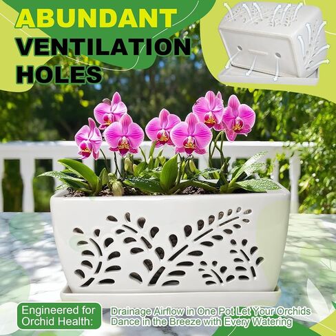 Ceramic Orchid Pot, 10 Inch Rectangular Orchid Pots with Holes, Premium Thickened Handmade Glazed Pot for Orchidaceae Plants, Indoor Outdoor Decorative Flower Pots for Easy Repotting in Saudi Arabia