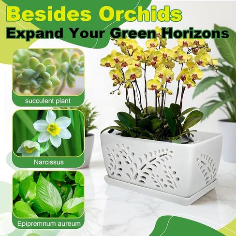Ceramic Orchid Pot, 10 Inch Rectangular Orchid Pots with Holes, Premium Thickened Handmade Glazed Pot for Orchidaceae Plants, Indoor Outdoor Decorative Flower Pots for Easy Repotting in Saudi Arabia