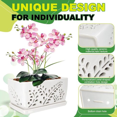 Ceramic Orchid Pot, 10 Inch Rectangular Orchid Pots with Holes, Premium Thickened Handmade Glazed Pot for Orchidaceae Plants, Indoor Outdoor Decorative Flower Pots for Easy Repotting in Saudi Arabia