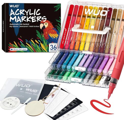 WUO 36 Colors Acrylic Paint Markers (2 Metallic), Automatic Ink Control Brush Tip for Multi-Surface Acrylic Paint Pens for Rock Painting, Wood, Canvas, Glass, DIY Art in Kuwait