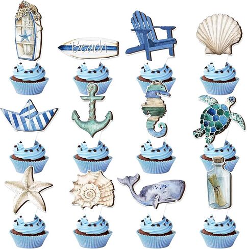 26PCS Summer Happy Birthday Cupcake Toppers Seashells Theme Party Decorations Cake Decor Cupcake Decorations Cake Decorating Party Supplies Decor Starfish and Seashell for Boys Girls in Kuwait