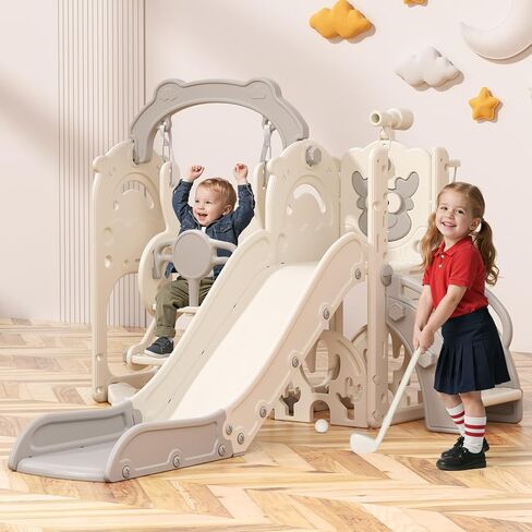 Bierum Toddler Slide and Swing Set ، 7-in-1 oudoor oudder orddler playet مع متسلق وألعاب كرة السلة والغولف ، ملعب للأطفال الذين تتراوح أعمارهم بين 1+ ، كريم ورمادي in Kuwait