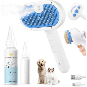 فرشاة بخار للحيوانات الأليفة للكلاب والقط - 3 في 1 في 1 فرشاة Slicker Brush & Undercoat Rake للتسلق - تمشيط رذاذ التنظيف الذاتي مع ضباب للحيوانات الأليفة الطويلة والقصيرة - يشمل شامبو بدون ماء ، أزرق in Kuwait