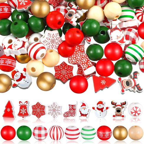 Huwena 200 Pieces Fall Wooden Beads Buffalo Plaid Wood Thanksgiving Beads Turkey Pumpkin Maple Leaf Wooden Bead Craft Natural Round Spacer Bead for DIY Crafts Decor in Saudi Arabia