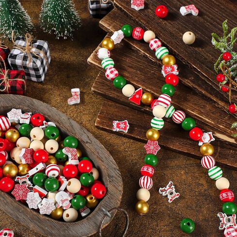 Huwena 200 Pieces Fall Wooden Beads Buffalo Plaid Wood Thanksgiving Beads Turkey Pumpkin Maple Leaf Wooden Bead Craft Natural Round Spacer Bead for DIY Crafts Decor in Saudi Arabia