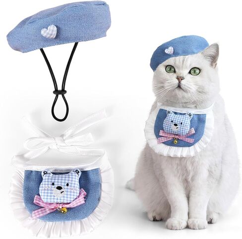 2PCS Cat Beret Hat with Camellia, Adjustable Bow Bandana Scarf Set Pet Princess Costume for Halloween Christmas, Cat Dog Birthday Party Apparel (Camellia) in Kuwait