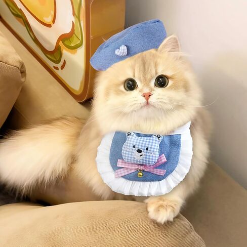 2PCS Cat Beret Hat with Camellia, Adjustable Bow Bandana Scarf Set Pet Princess Costume for Halloween Christmas, Cat Dog Birthday Party Apparel (Camellia) in Kuwait