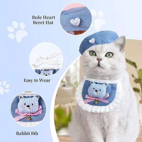 2PCS Cat Beret Hat with Camellia, Adjustable Bow Bandana Scarf Set Pet Princess Costume for Halloween Christmas, Cat Dog Birthday Party Apparel (Camellia) in Kuwait