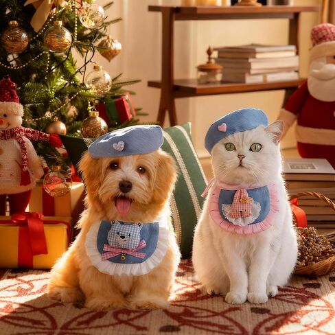 2PCS Cat Beret Hat with Camellia, Adjustable Bow Bandana Scarf Set Pet Princess Costume for Halloween Christmas, Cat Dog Birthday Party Apparel (Camellia) in Kuwait