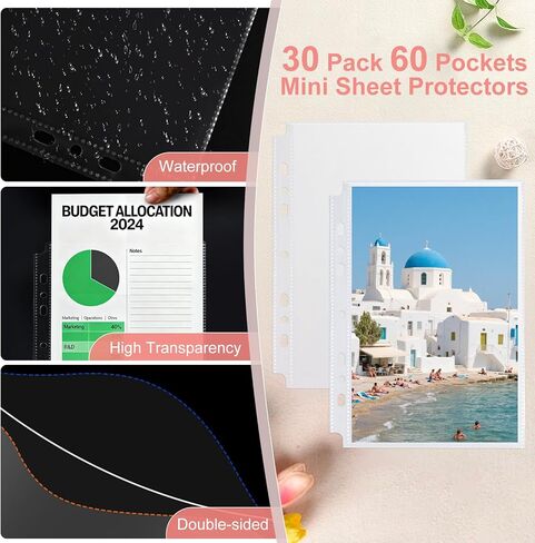30 Pack 60 Pockets 5.5x8.5" Sheet Protector Sleeves for 6 Ring A5 Binder, A5 Mini 3 Ring Binder, Ultra-Clear Playbill Holder Sleeves, Double-Sided, Top Loading Sheet Protector for Paper Report in Kuwait