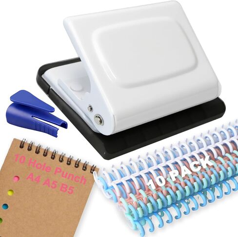 10 Hole Punch Binding Machine for Planner, Manual Binding System with 10 Multi-Color Binder Rings for Making 26 Holes on B5, 30 Holes on A4, 20 Holes on A5 Book, 10 Sheet Capacity - White in Saudi Arabia