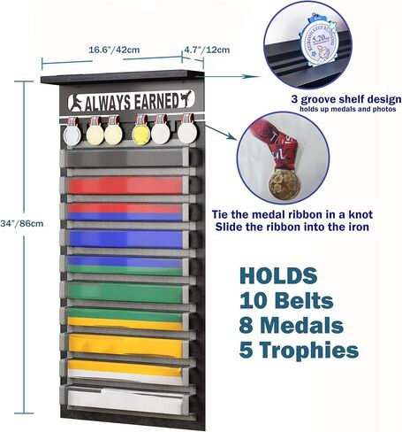 3 in 1 Karate and 12 Belts Taekwondo Belt Display Rack with Medal Hanger, Trophy/Photo Rack, and Felt Dustproof Design. (SO SHE DID, 12 Belts) in Saudi Arabia