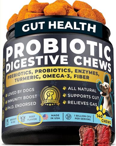 Probiotics for Dogs - PhD Endorsed Digestive Enzymes - Gut Health, Diarrhea & Bowel Support - Dog Treats with Turmeric, Omega-3 & Fiber - Immune Soft 140 Chews - Beef Flavor - Made in USA in Saudi Arabia
