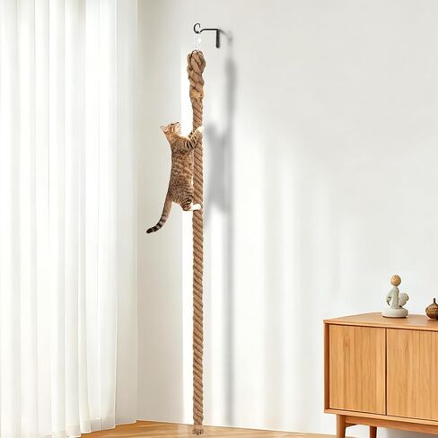 2" x 9.8Ft Cat Climbing Rope with Hook, Natural Sisal Ropes for Ceiling and Wall Mounted, Durable Space Saving Cat Climbing Jute Rope Toy with Scratching Kitten Rope for Indoor and Outdoor in Kuwait