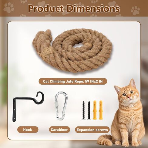 2" x 9.8Ft Cat Climbing Rope with Hook, Natural Sisal Ropes for Ceiling and Wall Mounted, Durable Space Saving Cat Climbing Jute Rope Toy with Scratching Kitten Rope for Indoor and Outdoor in Kuwait
