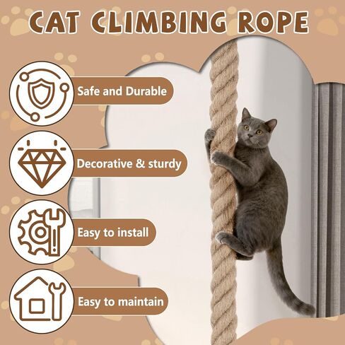 2" x 9.8Ft Cat Climbing Rope with Hook, Natural Sisal Ropes for Ceiling and Wall Mounted, Durable Space Saving Cat Climbing Jute Rope Toy with Scratching Kitten Rope for Indoor and Outdoor in Kuwait