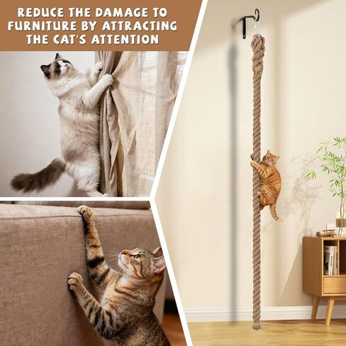 2" x 9.8Ft Cat Climbing Rope with Hook, Natural Sisal Ropes for Ceiling and Wall Mounted, Durable Space Saving Cat Climbing Jute Rope Toy with Scratching Kitten Rope for Indoor and Outdoor in Kuwait
