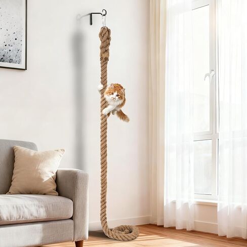 2" x 9.8Ft Cat Climbing Rope with Hook, Natural Sisal Ropes for Ceiling and Wall Mounted, Durable Space Saving Cat Climbing Jute Rope Toy with Scratching Kitten Rope for Indoor and Outdoor in Kuwait