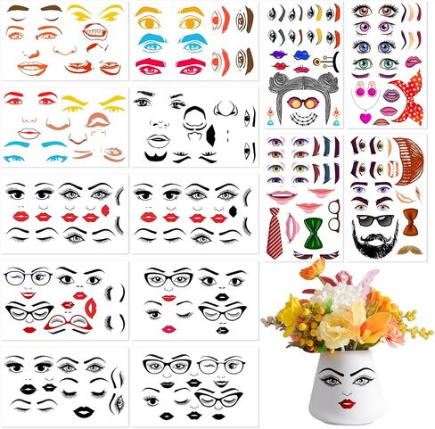 Face Stickers for Crafts, Make a Face Stickers Lips Mouth Eyes Eyebrows Nose Decals, 34 Sticker Faces for Flower Pots DIY Crafts Halloween Holiday Party Supplies in Kuwait