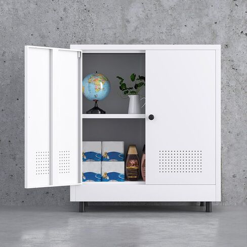 Metal Storage Cabinet with 2 Doors and Adjustable Shelf, Free Standing Accent Sideboard Buffet Cabinet for Home, Office, Entryway, Hallway, Living Room, Kitchen and Dining Room (White) in Saudi Arabia