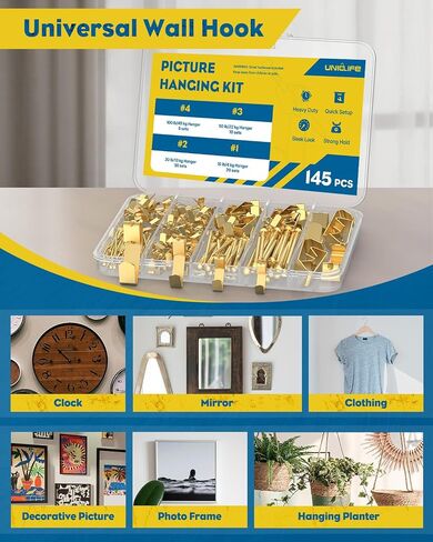 UniClife 188 PCS صورة معلقة ، 10 رطل ، 20 رطلاً ، 30 رطلاً ، 50 رطلاً ، 100 رطل شماعات صور ثقيلة للالتحامات الجافة والخشب ، والسنانير المعلقة للصور ، وسنانير إطار للتعليق على الصور المرايا in Kuwait