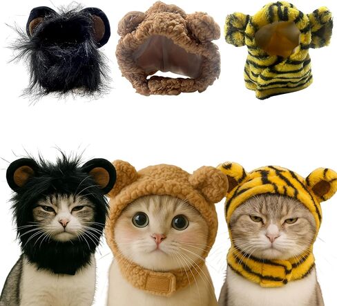 3pcs Hat for Cat Animal Costume Pack, Lion Head for Cats, Cat Panda Costumes, Frog Costume for Cats, Adjustable Washable Soft Small Pet Headwear Accessory, Costumes Pet Clothes (Lion, Panda, Frog) in Kuwait