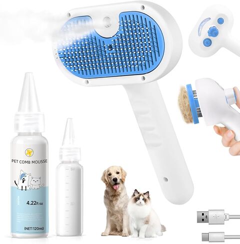 Pet Steam Brush for Dog & Cat - 3-in-1 Steam Grooming Slicker Brush & Undercoat Rake for Shedding - Self Cleaning Spray Comb with Mist for Long & Short Haired Pets - Includes Waterless Shampoo, Blue in Saudi Arabia