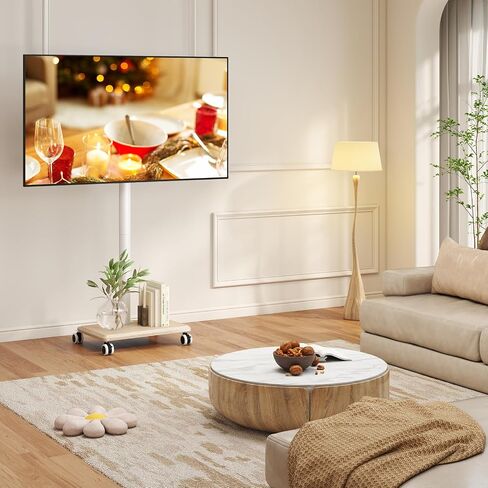Rfiver Rolling TV Stand for 32 to 55 60 Inch TVs up to 88lbs, Height Adjustable Mobile TV Stand with Wood Base, Space-Saving Design Tall TV Cart Floor Stands for Living Room, Bedroom, Corner in Saudi Arabia