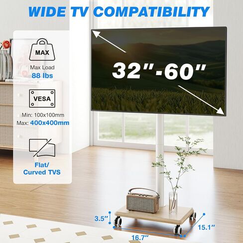 Rfiver Rolling TV Stand for 32 to 55 60 Inch TVs up to 88lbs, Height Adjustable Mobile TV Stand with Wood Base, Space-Saving Design Tall TV Cart Floor Stands for Living Room, Bedroom, Corner in Saudi Arabia