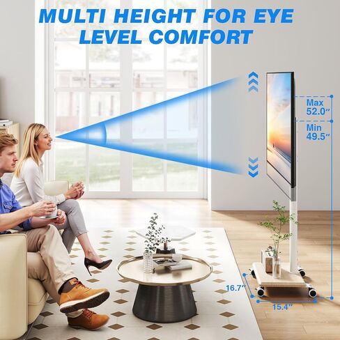 Rfiver Rolling TV Stand for 32 to 55 60 Inch TVs up to 88lbs, Height Adjustable Mobile TV Stand with Wood Base, Space-Saving Design Tall TV Cart Floor Stands for Living Room, Bedroom, Corner in Saudi Arabia