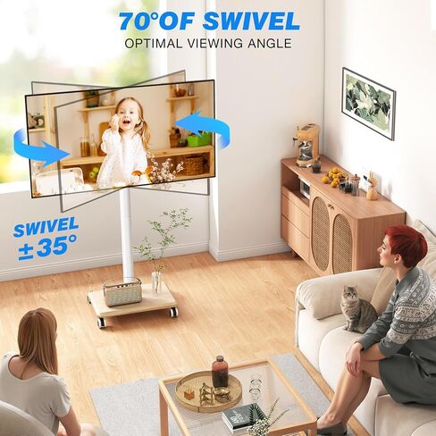 Rfiver Rolling TV Stand for 32 to 55 60 Inch TVs up to 88lbs, Height Adjustable Mobile TV Stand with Wood Base, Space-Saving Design Tall TV Cart Floor Stands for Living Room, Bedroom, Corner in Saudi Arabia