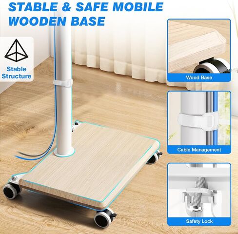 Rfiver Rolling TV Stand for 32 to 55 60 Inch TVs up to 88lbs, Height Adjustable Mobile TV Stand with Wood Base, Space-Saving Design Tall TV Cart Floor Stands for Living Room, Bedroom, Corner in Saudi Arabia