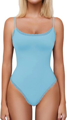 Avidlove Women Square Neck Lace Bodysuit Sleeveless Spaghetti Strap Tank Top Body Suits in Kuwait