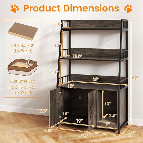 Petsite Cat Striter Box العلبة مع أرفف التخزين ، صندوق فضلات خفي طوله 52 بوصة مع محطة شحن ولوحة خدش ودخول متعرج (بني ريفي) in Kuwait