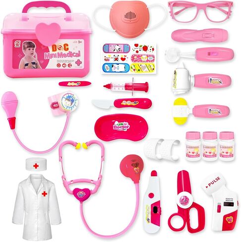 PJG Doctor Kit for Toddlers 3-5 ، يلعب أطفال الطبيب التظاهر مع الأزياء والطعن الأعمار من 3-6 ، ألعاب Doctor Kit لـ 2 3 4 5 5 6 سنوات فتيات الفتيات هدية عيد ميلاد ، وردي in Kuwait