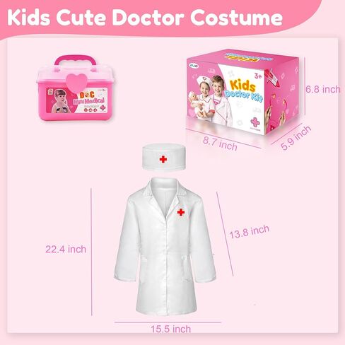 PJG Doctor Kit for Toddlers 3-5 ، يلعب أطفال الطبيب التظاهر مع الأزياء والطعن الأعمار من 3-6 ، ألعاب Doctor Kit لـ 2 3 4 5 5 6 سنوات فتيات الفتيات هدية عيد ميلاد ، وردي in Kuwait