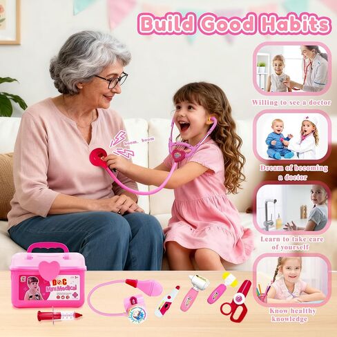 PJG Doctor Kit for Toddlers 3-5 ، يلعب أطفال الطبيب التظاهر مع الأزياء والطعن الأعمار من 3-6 ، ألعاب Doctor Kit لـ 2 3 4 5 5 6 سنوات فتيات الفتيات هدية عيد ميلاد ، وردي in Saudi Arabia