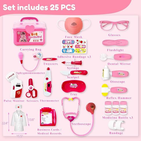 PJG Doctor Kit for Toddlers 3-5 ، يلعب أطفال الطبيب التظاهر مع الأزياء والطعن الأعمار من 3-6 ، ألعاب Doctor Kit لـ 2 3 4 5 5 6 سنوات فتيات الفتيات هدية عيد ميلاد ، وردي in Kuwait