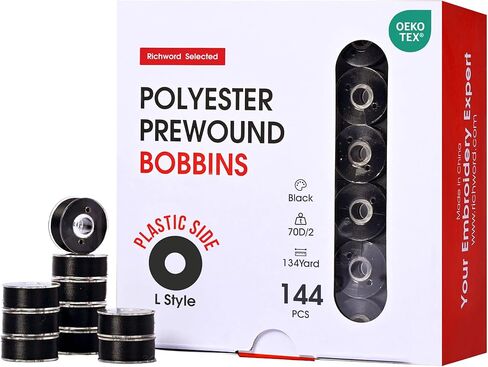 Richword Selected Prewound Bobbins, Plastic Sided, 144pcs Size L(SA155), 75D/2(60WT) Polyester Bobbin Thread for Commercial Multi Needles Embroidery Machine, White 110 Yards in Kuwait