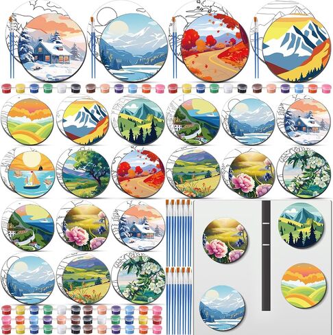 24 PCS Magnetic Canvas Mini Round Canvas Canvases مسبقًا مع فرش مع لوحات الطلاء المطبوعة مسبقًا للطلاب DIY Fridge Locker Craft (Hawaii) in Kuwait