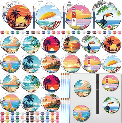 24 Pcs Magnetic Canvas Mini Round Canvas Boards Pre Drawn Canvases with Brushes Acrylic Paints Pre Printed Painting Boards for Students DIY Fridge Locker Art Craft(Hawaii) in Saudi Arabia