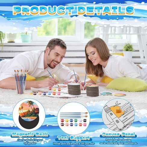 24 Pcs Magnetic Canvas Mini Round Canvas Boards Pre Drawn Canvases with Brushes Acrylic Paints Pre Printed Painting Boards for Students DIY Fridge Locker Art Craft(Hawaii) in Saudi Arabia