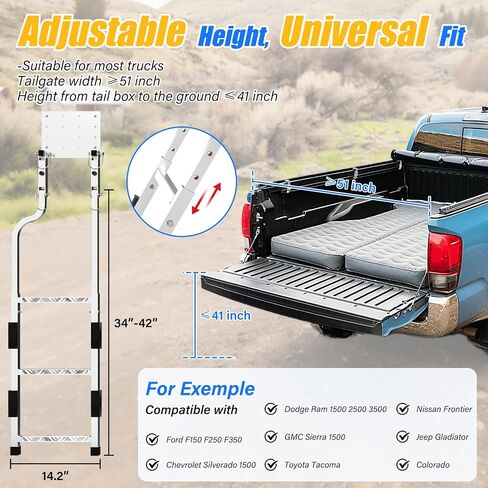 Tailgate Ladder for Pickup Trucks- Heavy Duty Foldable Rear Ladder Anti-Slip Steps, Adjustable Height Universal Fit Truck Accessories for Ram Ford Chevy GMC, Easy Installation with 4 Screw Options in Saudi Arabia