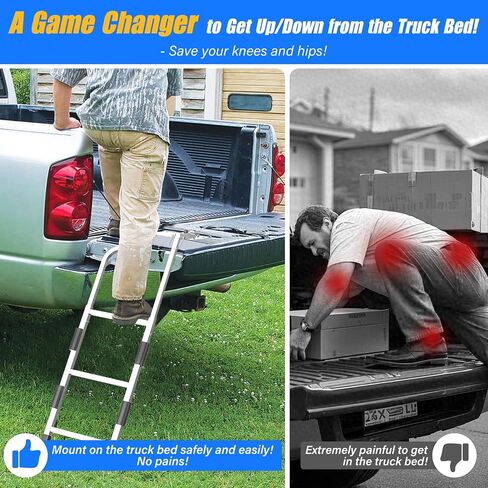 Tailgate Ladder for Pickup Trucks- Heavy Duty Foldable Rear Ladder Anti-Slip Steps, Adjustable Height Universal Fit Truck Accessories for Ram Ford Chevy GMC, Easy Installation with 4 Screw Options in Saudi Arabia