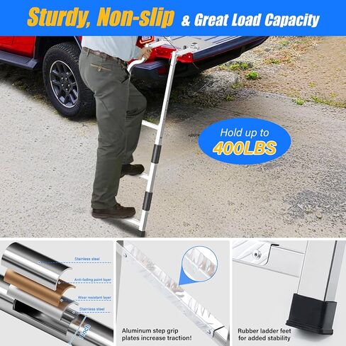 Tailgate Ladder for Pickup Trucks- Heavy Duty Foldable Rear Ladder Anti-Slip Steps, Adjustable Height Universal Fit Truck Accessories for Ram Ford Chevy GMC, Easy Installation with 4 Screw Options in Saudi Arabia