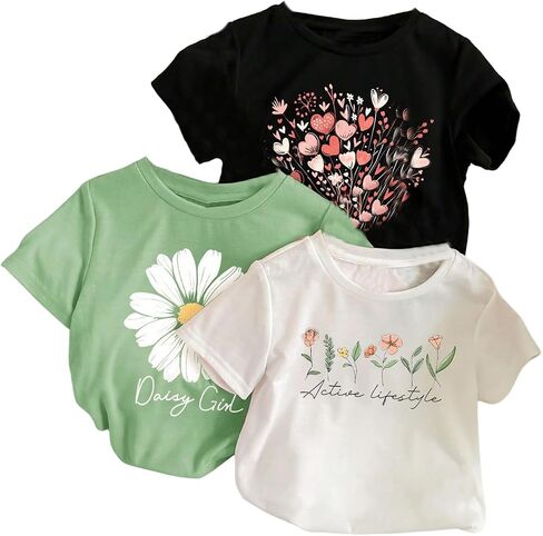 SweatyRocks Girl's 3 Pack T Shirts Floral Letter Graphic Tees Short Sleeve Crew Neck Summer Top in Saudi Arabia